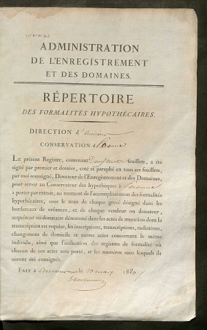 Répertoire des formalités hypothécaires, du 14/12/1820 au 12/05/1821, registre n° 089 (Péronne)