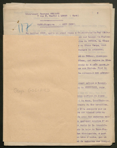 Témoignage de Goliard, Georges (Lieutenant) et correspondance avec Jacques Péricard