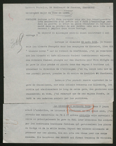 Témoignage de Fontaine-Loscaux, Lambert (Sergent) et correspondance avec Jacques Péricard