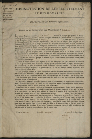 Répertoire des formalités hypothécaires, du 23 germinal an XI au 10 prairial an XI, registre n° 039 (Abbeville)