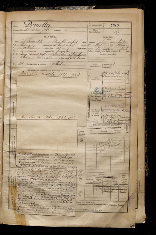Demelin, Anatole Philibert Jean Baptiste, né le 26 février 1872 à Bienvillers-au-Bois (Pas-de-Calais), classe 1892, matricule n° 943, Bureau de recrutement de Péronne