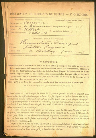 Albert. Demande d'indemnisation des dommages de guerre : dossier Tempelaère-Demarquet