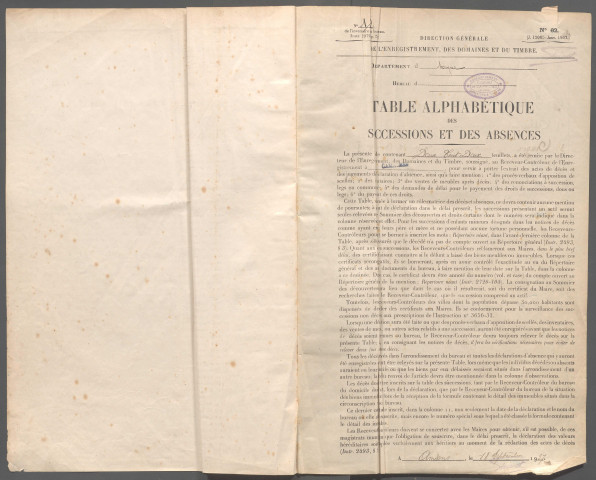 Table des successions et absences du bureau de Gamaches