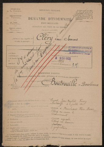 Cléry-sur-Somme. Demande d'indemnisation des dommages de guerre : dossier Boutrouille-Bourleaux