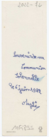 Source de Vie. Souvenir de ma communion solennelle le 6 juin 1982. Signé : Magalie