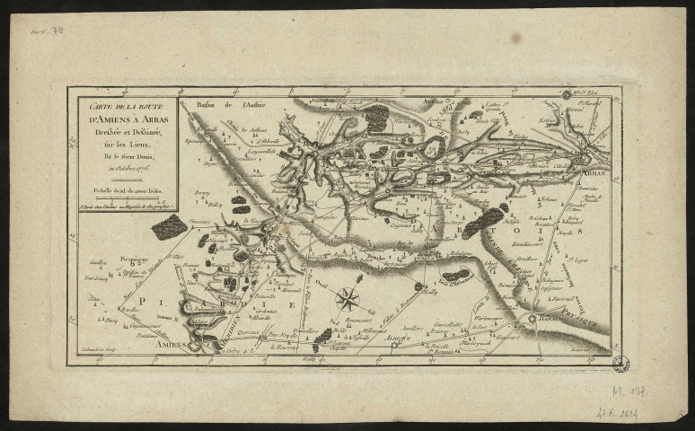 Carte de la route d'Amiens à Arras, dressée et déssinée par le sieur Denis en octobre 1776