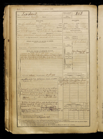 Ladent, Edmond Hippolyte, né le 16 août 1878 à Amiens (Somme), classe 1898, matricule n° 868, Bureau de recrutement d'Amiens