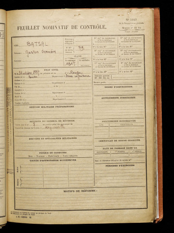 Batsal, Gaston Germain, né le 31 octobre 1897 à Rouen (Seine-Maritime), classe 1917, matricule n° 79, Bureau de recrutement d'Abbeville