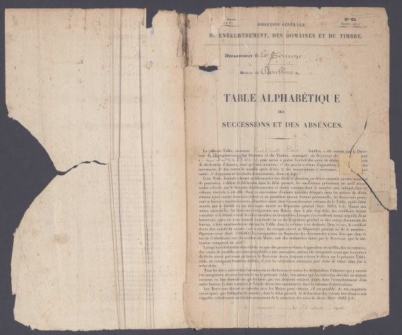 Table des successions et absences du bureau de Doullens