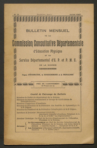Bulletin mensuel de la Commission Consultative d'Education Physique et du Service Départemental d'Education Physique et Préparation Militaire Elémentaire de la Somme, numéro 8 (3e année)