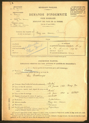 Bray-sur-Somme. Demande d'indemnisation des dommages de guerre : dossier Lecocq-Leleu