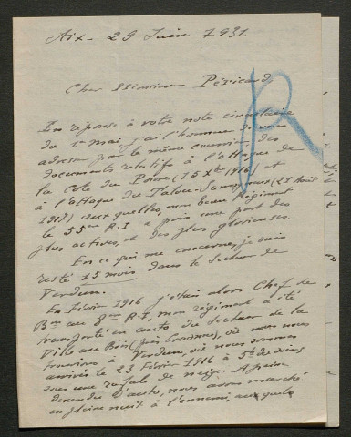 Témoignage de Vignal, J. (Colonel) et correspondance avec Jacques Péricard