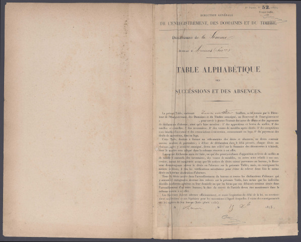 Table des successions et absences du bureau d'Amiens