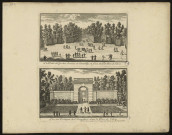 1ère vue : La Patte d'Oye des avenües de Chantilly en Face du pavillon de Silvie. 2ème vue : l'un des portiques de l'Arquebuse dans le Parc de Silvie à Paris chez Langlois rüe Saint-Jacques à la Victoire avec Privilège du Roy