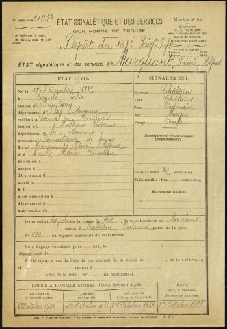 Marquant, Désiré Alfred, né le 10 décembre 1882 à Condé-Folie (Somme), classe 1902, matricule n° 232, Bureau de recrutement d'Amiens