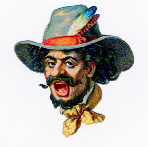 Tête d'un homme barbu portant un chapeau large orné de plumes
