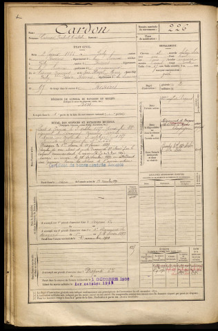 Cardon, Casimir Prudent Aristide, né le 02 février 1866 à Vrély (Somme), classe 1886, matricule n° 226, Bureau de recrutement de Péronne