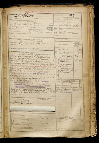 Lefèvre, Robert, né le 17 mai 1899 à Hesbécourt (Somme), classe 1919, matricule n° 887, Bureau de recrutement de Péronne