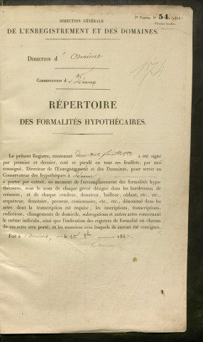 Répertoire des formalités hypothécaires, du 30/02/1858 au 30/04/1858, registre n° 174 (Péronne)