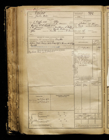 Vaine, Gaston Nestor, né le 07 octobre 1898 à Ytres (Pas-de-Calais), classe 1918, matricule n° 792, Bureau de recrutement de Péronne