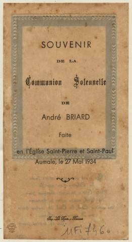 L'Enfant Jésus donnant la communion à un enfant. Souvenir de communion solennelle d'André Briard faite en l'église Saint-Pierre et Saint-Paul à Aumale le 27 mai 1934