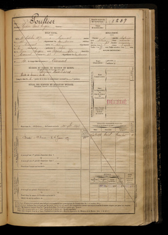 Poultier, Gédéon Paul Eugène, né le 10 octobre 1872 à Oisemont (Somme), classe 1892, matricule n° 1257, Bureau de recrutement d'Amiens