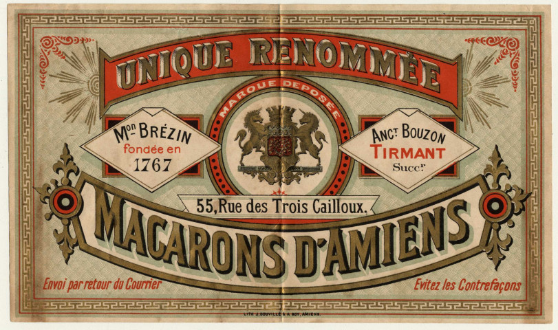 Dépôt de marque et de brevet. Modèles de papier d'emballage et d'étiquette pour les macarons d'Amiens, créé par Joseph Tirmant
