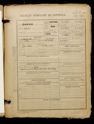 Caron, Charles, né le 19 septembre 1886 à Hamel (Le) (Somme), classe 1906, matricule n° 566, Bureau de recrutement d'Amiens