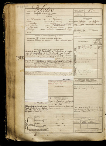 Delatre, Léopold Armand François, né le 28 novembre 1895 à Voyennes (Somme), classe 1915, matricule n° 674, Bureau de recrutement de Péronne