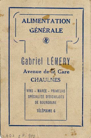 Alimentation générale. Gabriel Lémery, avenue de la gare, Chaulnes