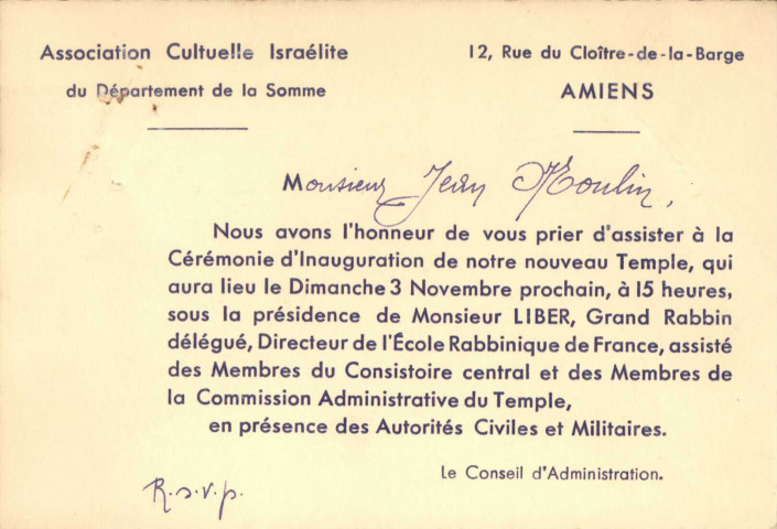 Carton d'invitation à la cérémonie d'inauguration de la synagogue, adressé à Jean Moulin par la société cultuelle israélite, en 1935