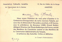 Carton d'invitation à la cérémonie d'inauguration de la synagogue, adressé à Jean Moulin par la société cultuelle israélite, en 1935
