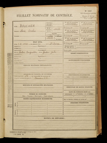Boucher, Louis Carolus, né le 03 septembre 1893 à Saint-Omer (Pas-de-Calais), classe 1913, matricule n° 1063, Bureau de recrutement d'Amiens