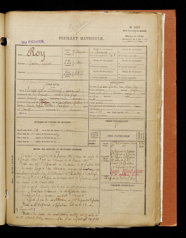 Roy, Gaston Robert, né le 27 août 1897 à Hornoy-le-Bourg (Somme), classe 1917, matricule n° 201, Bureau de recrutement d'Amiens