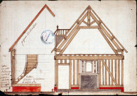 Travaux de restauration du presbytère : plan en coupe du pignon de la cuisine figurant l'escalier intérieur, coupe de la charpente et des pans de bois, trumeau de la cheminée du salon et lucarne