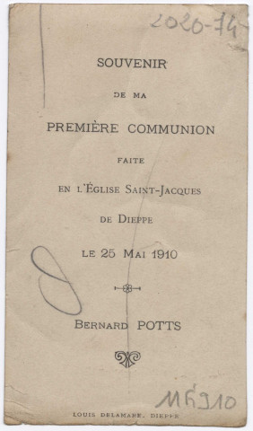 Le Bon Pasteur (Saint Jean, X, 14). Souvenir de ma première communion faite en l'église Saint-Jacques de Dieppe le 25 mai 1910. Bernard Potts