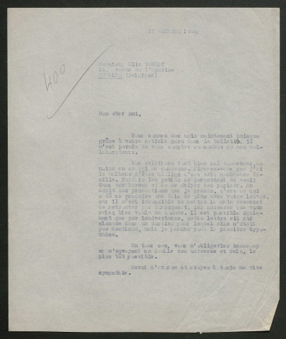 Témoignage de Gobert, Elie et correspondance avec Jacques Péricard