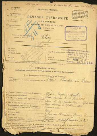 Cléry-sur-Somme. Demande d'indemnisation des dommages de guerre : dossier Vaudin-Boinet