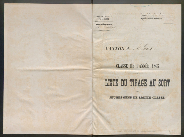 Tirage au sort (arrondissements de Doullens et de Montdidier) de l'année 1865