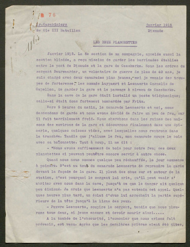 Témoignage de Baetselier (de), L. (Carabinier) et correspondance avec Jacques Péricard