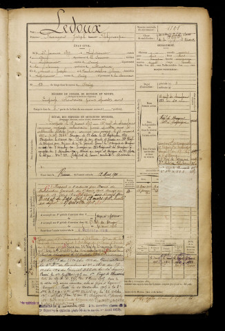 Ledoux, François Joseph Polycarpe, né le 26 janvier 1877 à Ligescourt (Somme), classe 1897, matricule n° 1101, Bureau de recrutement d'Abbeville