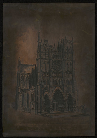 Amiens. Plaque de cuivre gravée au burin représentant la Cathédrale d'Amiens