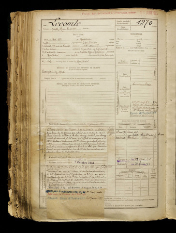 Lecomte, Joseph Henri Vincent, né le 11 mai 1881 à Montdidier (Somme), classe 1901, matricule n° 1270, Bureau de recrutement de Péronne