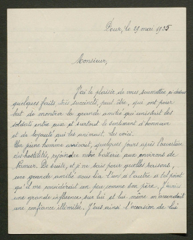 Témoignage de Brasseur, Jules (Maréchal des logis) et correspondance avec Jacques Péricard