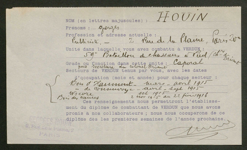 Témoignage de Houin, Georges et correspondance avec Jacques Péricard