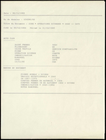 Archives Saint Frères conservées dans les locaux de "Champagne Archives" (archives aujourd'hui détruites). Listing des cotes sélectionnées par François Lefebvre en 1995