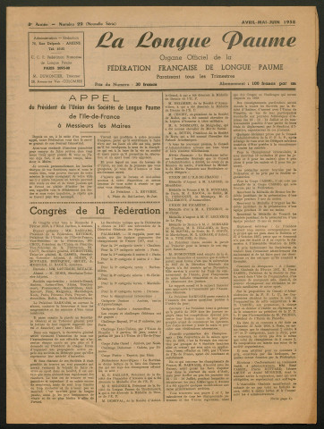 Longue Paume (numéro 29), revue officielle de la Fédération Française de Longue Paume