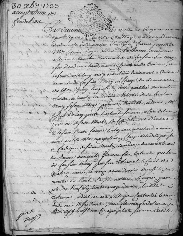 Etude de Me Grégoire Rault à Amiens (étude n°21). Minutes de l'année 1733