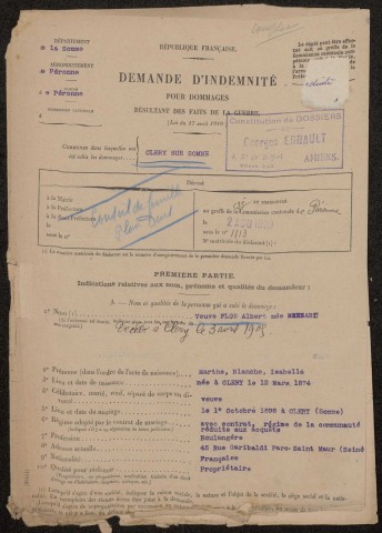 Cléry-sur-Somme. Demande d'indemnisation des dommages de guerre : dossier Flon-Mansard