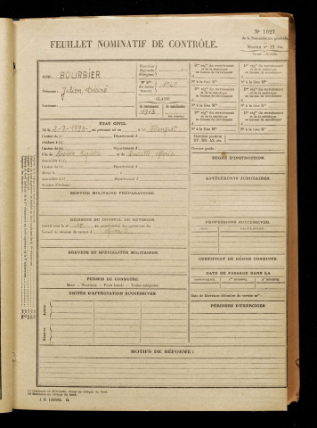 Bourbier, Julien Désiré, né le 02 août 1893 à Hangest-en-Santerre (Somme), classe 1913, matricule n° 1040, Bureau de recrutement de Péronne